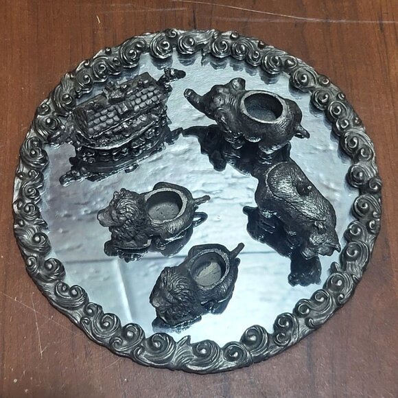 Vintage Ganz Miniature Pewter Noahs Ark Bear Lion Elephant Figures on Mirror Bas